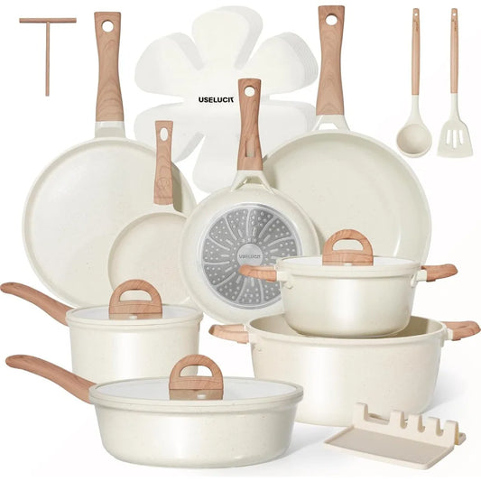 Non Stick Ceramic Cookware Set 22 Pcs PFOA PFOS Free Pots and Pans with Glass Lids Induction Compatible Cream White