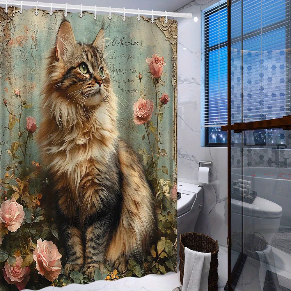 Maine Coon Cat Shower Curtain Vintage Rose Floral Polyester Bathroom Curtain with Hooks Machine Washable 70.87x70.87inch