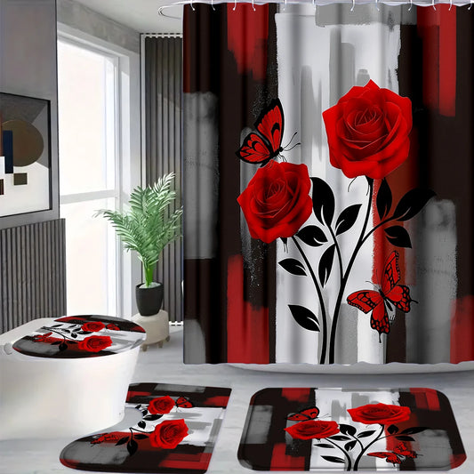 4Pcs Red Rose Butterfly Shower Curtain Set with Hooks, Modern Abstract Print Waterproof Mildew Resistant Fabric Bath Mat for Family Bathroom Home Decor