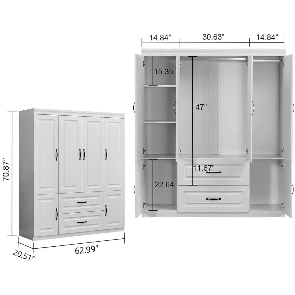 Large White Wooden 4-Door Wardrobe with 2 Drawers, Hanging Rails, and Shelves for Bedroom Storage