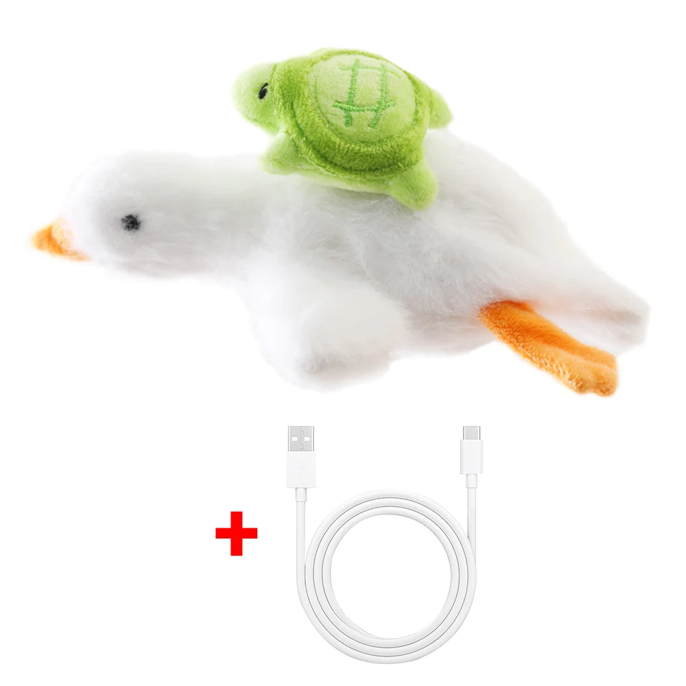 Interactive cat toy: motorized realistic duck with quacking sounds and flapping wings; plush chew toy for puppies and kittens
