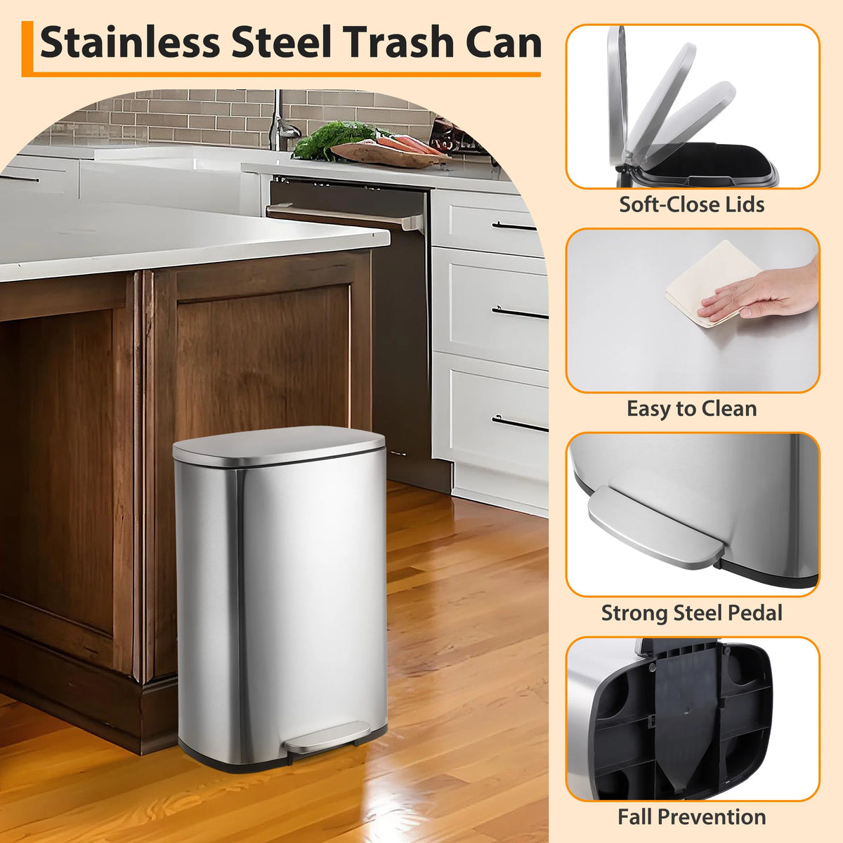 Large Capacity Stainless Steel Kitchen Trash Can 13 Gallon - Soft Close Step Pedal - Removable Inner Bucket - Fingerprint & Odor Resistant - Hands-Free Garbage Bin for Kitchen, Office, Bathroom
