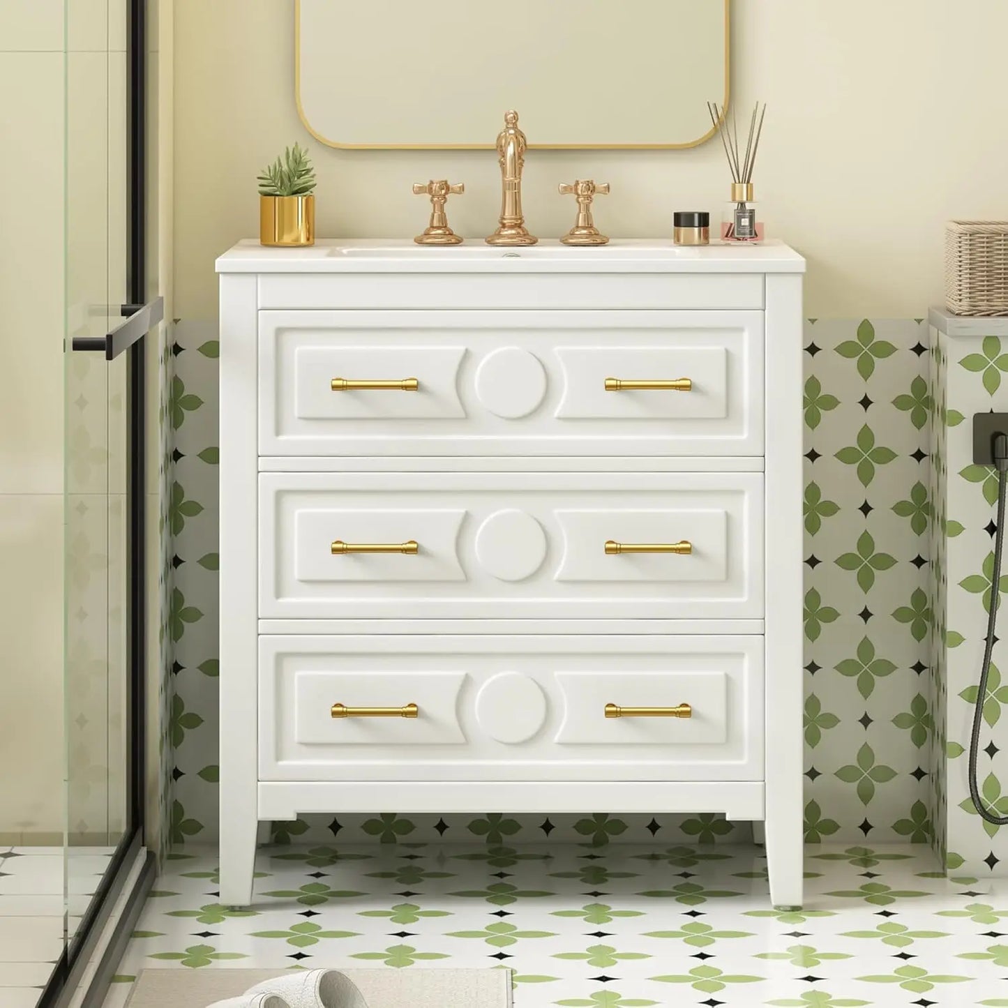 30in Solid Wood Bathroom Vanity Ceramic Sink Storage Cabinet Tip-Out & 2 Full-Extension Drawers Bath Powder Room Customized