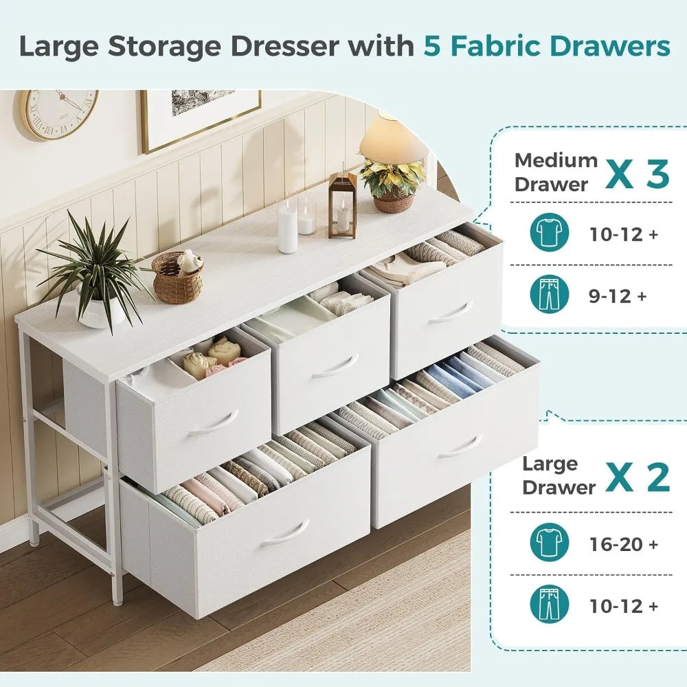 Wide White Bedroom Dresser with 5 Drawers for Clothes Storage and Fabric Bins