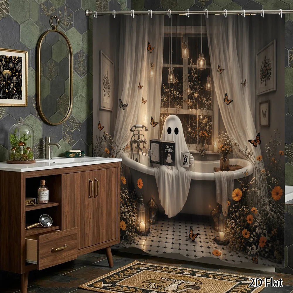 2D Flat, 1pc 2D Large-Sized Shower Curtain with Halloween Ghost Theme, Polyester Fabric Bathroom Decoration, Bathtub Partition