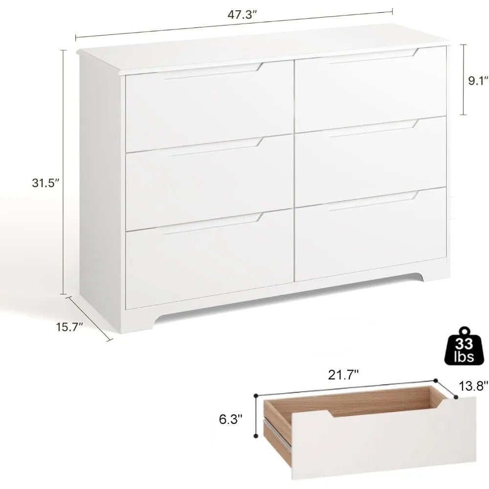 6-Drawer Wooden Double Dresser with Anti-Tip Design for Bedroom, Living Room Storage Organizer