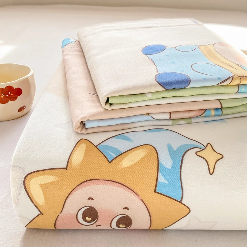 All Season Comfort 100% Cotton Flat Sheet , Soft Breathable Cute Cartoon Print Top Sheet, Wrinkle Resistant Fade Resistant