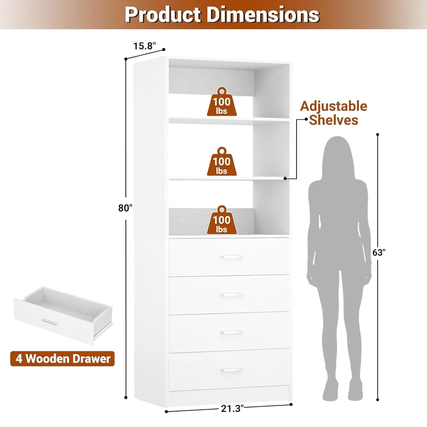 21.3" Wood Closet Organizer System with 4 Drawers Modular Walk-in Wardrobe Storage Unit Small Tall Cabinet, Customized
