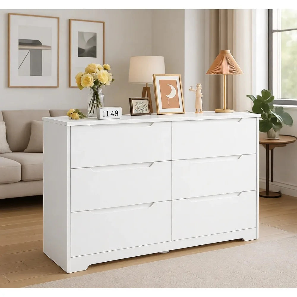6-Drawer Wooden Double Dresser with Anti-Tip Design for Bedroom, Living Room Storage Organizer