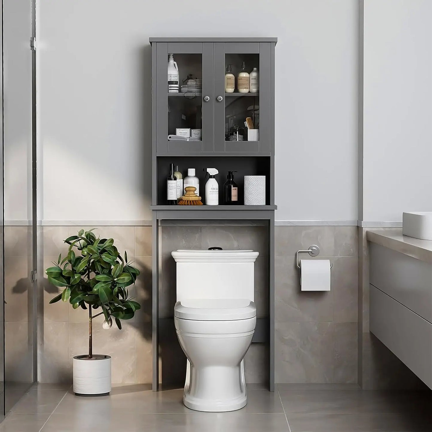 Over The Toilet Storage Cabinet, Bathroom Storage Cabinet Over Toilet, Space Saver with 2 Tempered Glass Doors, Grey, Customized