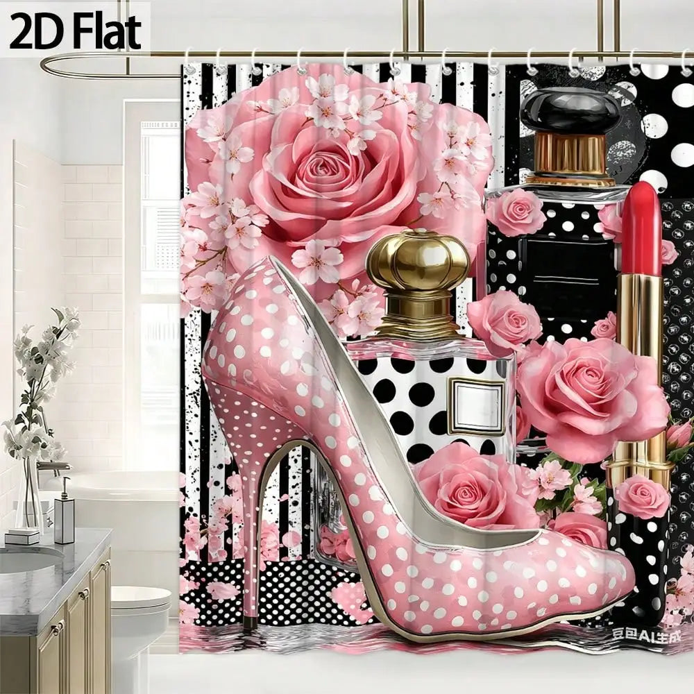 2D Flat, 1pc 2D Flat Shower Curtain with Rose Floral Pattern, Paired with Black and White Polka Dots and High Heels