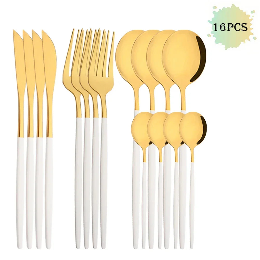 16/24/32/48Pcs Dinnerware Set White Gold Dinner Cutlery Set Stainless Steel Flatware Fork Kitchen Knife Fork Spoon Tableware Set