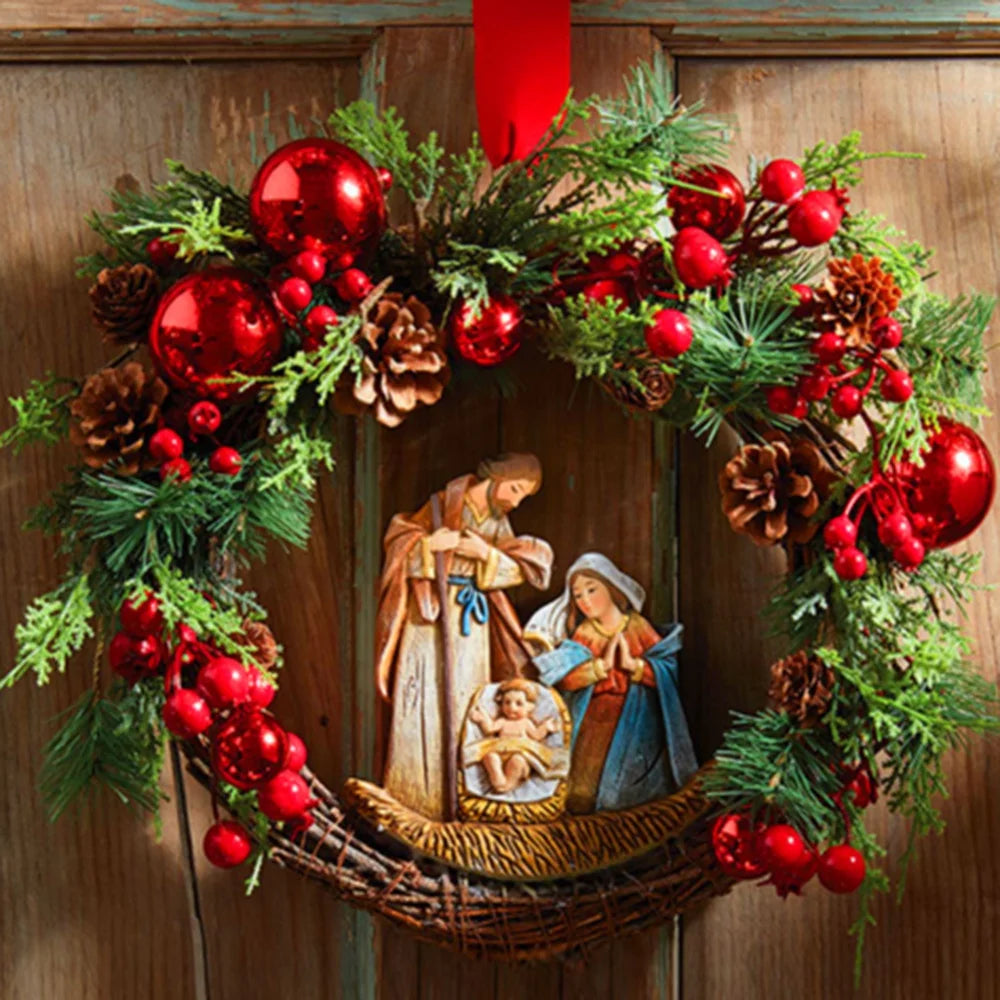 Hot sale Red Christmas Wreath Jesus Sacred Wreath Home Door Hanging Artificial Garland Christmas Home Decoration Party Supplies