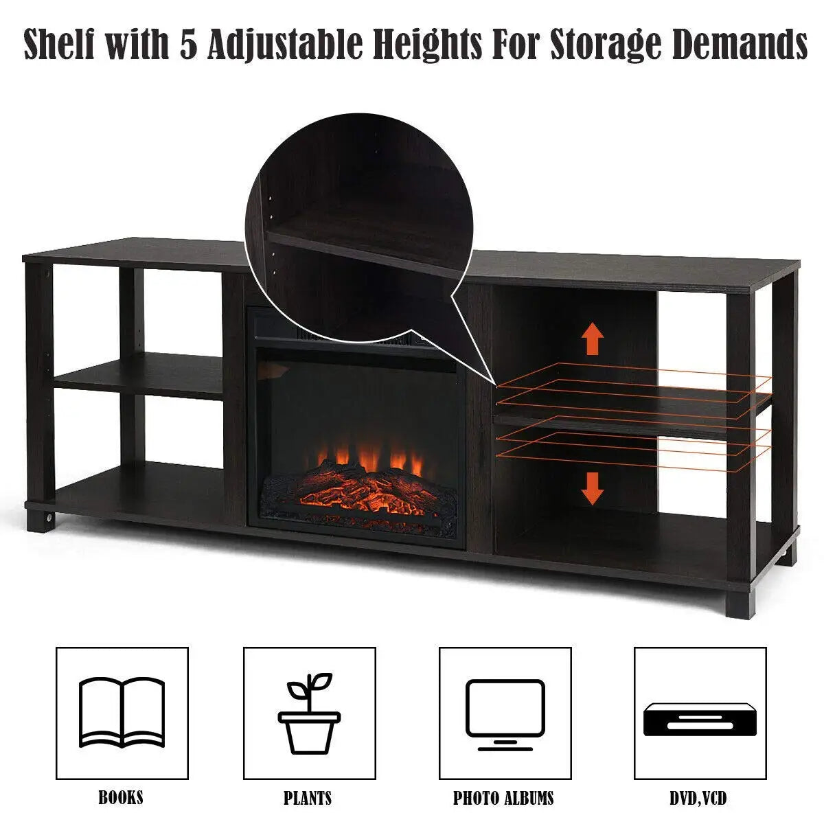 3-Tier TV Stand Storage Wood Entertainment Center 65 Inch Console 18" 1400W Electric Fireplace, Customized