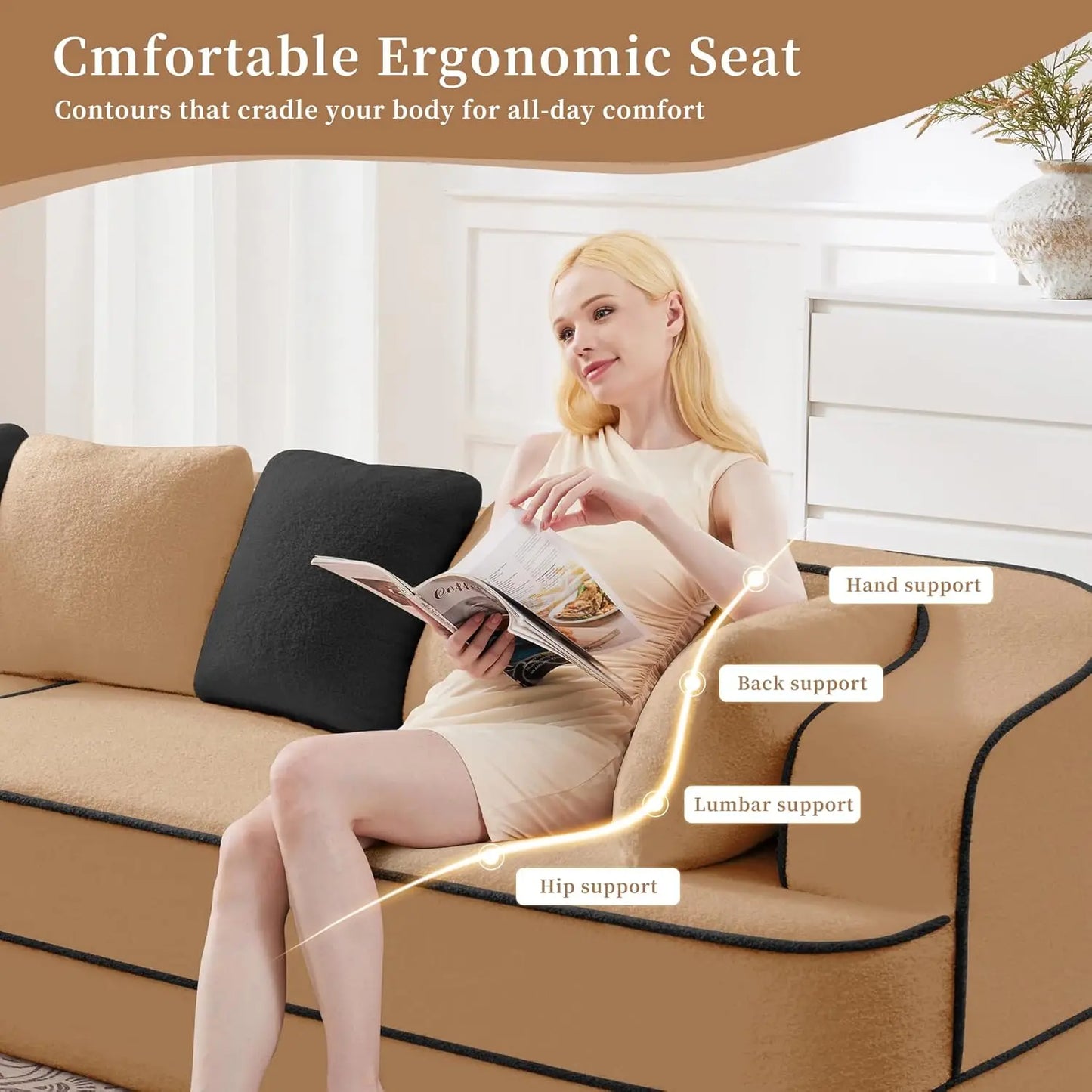 105.9" Contrast Color Boneless Sectional Couch, Teddy Fabric Foam Cloud Sofa, L Shaped Extra Deep Seat Wide Arm, Customized