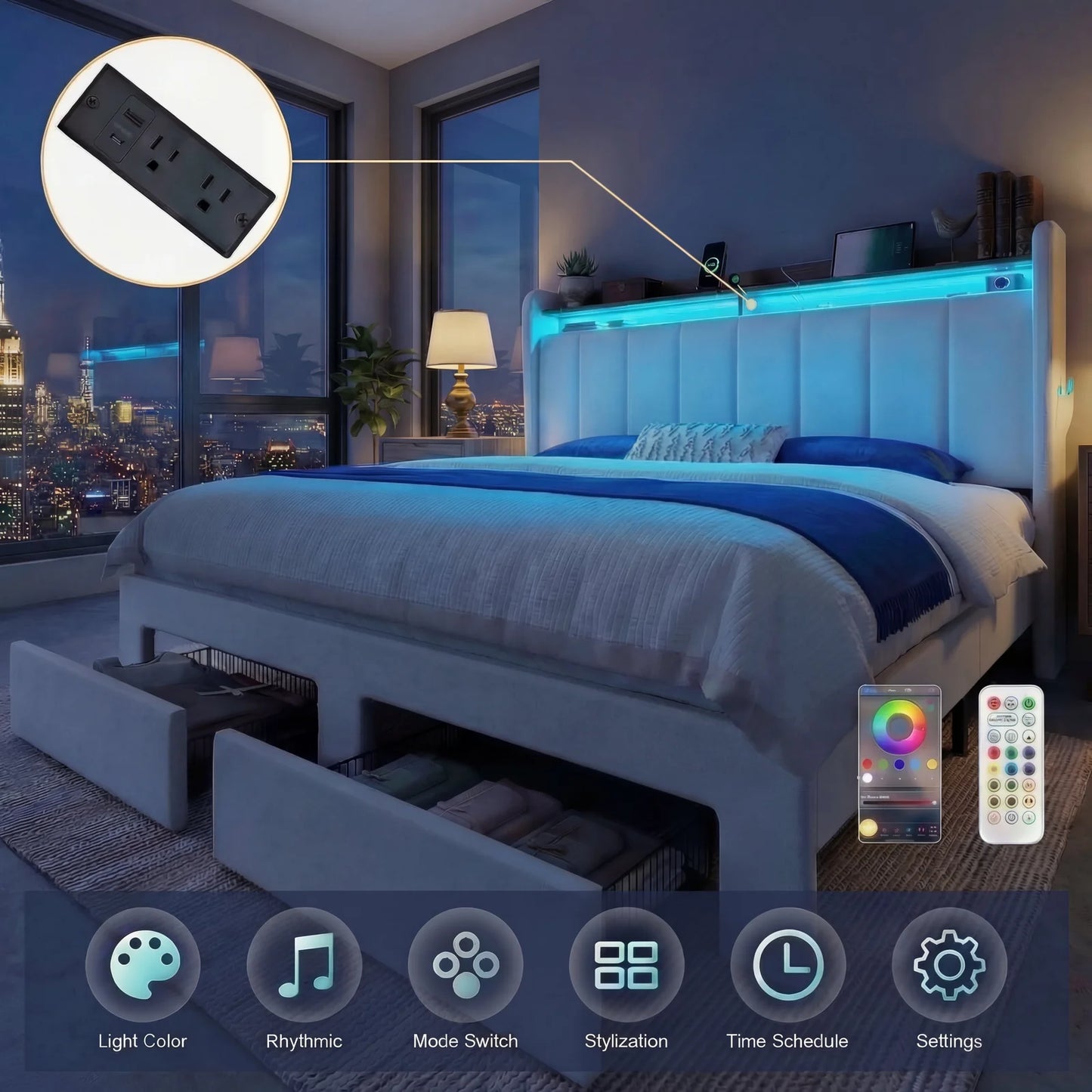HOOMIC Bed Frame, 2 Storage Drawers/2-Tier Shelves with LED Lights & Charging Station, No Box Spring Need, Full/Queen/King