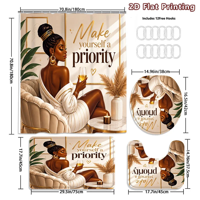 2D Flat, 2D Flat 4pcs Elegant Shower Curtain Set, Beige Golden Black Woman Inspirational Quote Design Bathroom Decor, Additions with U-Shaped, Toilet Lid Cover, Shower Curtain Includes Hooks, Inspirational Self Love Art, Home