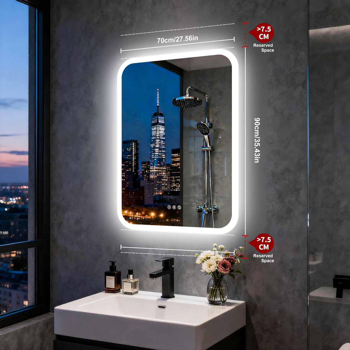 Smart LED Bathroom Mirror with Bluetooth Speakers Rectangle Illuminated Vanity Mirror Dimmable 3 Colors Anti Fog Touch Control Wall Mount