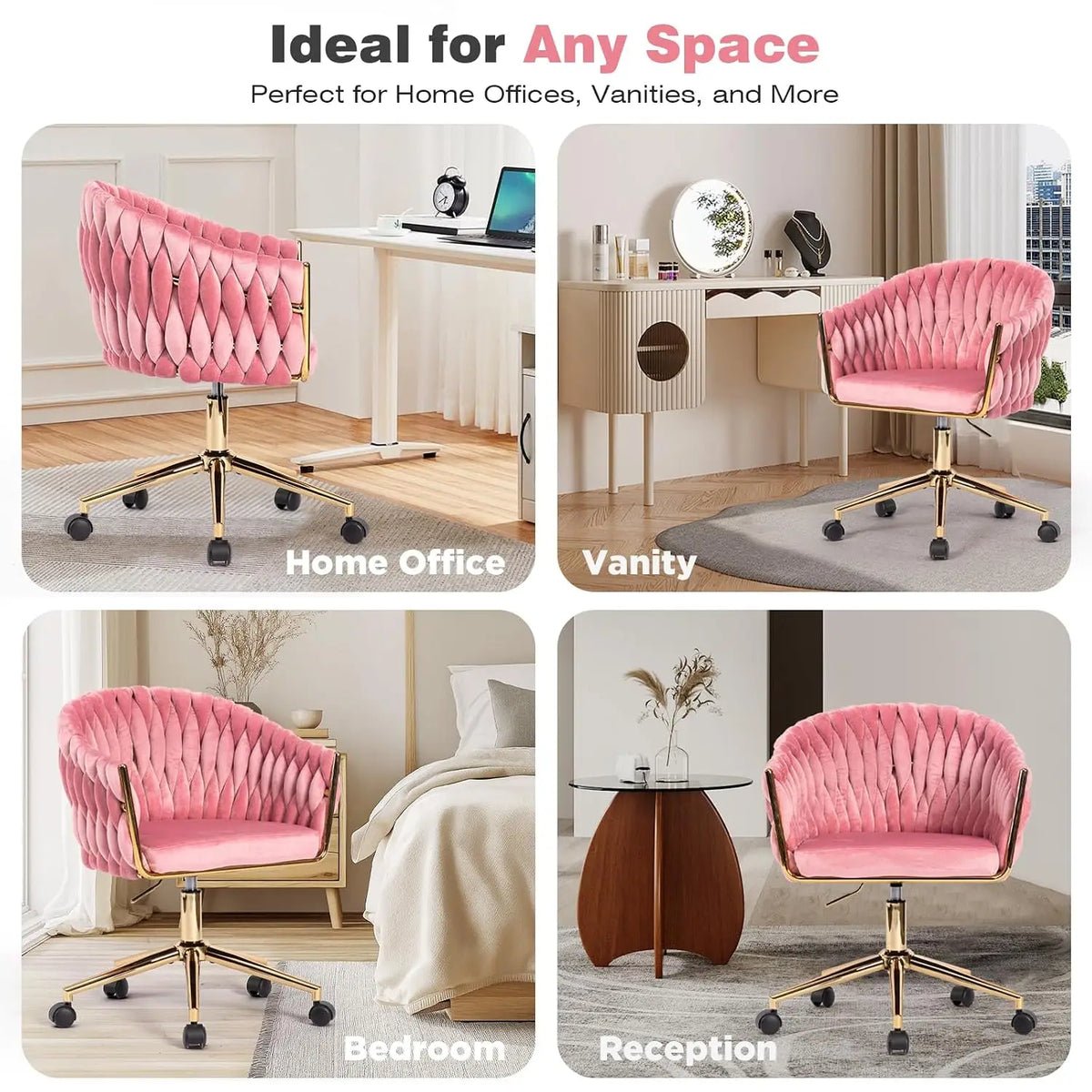 Cute Fabric Rolling Chair Vanity Office Desk Chair with Back Wheel Pink, Customized