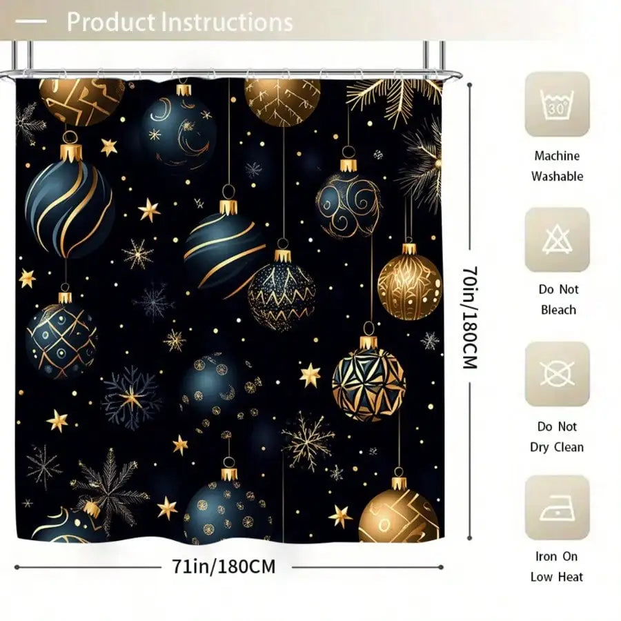 1/4Pcs Xmas Shower Curtain Set Black Gold Christmas Ball Snowflake Print Bathroom Accessory Set Non Slip Mat Toilet Cover Machine Washable