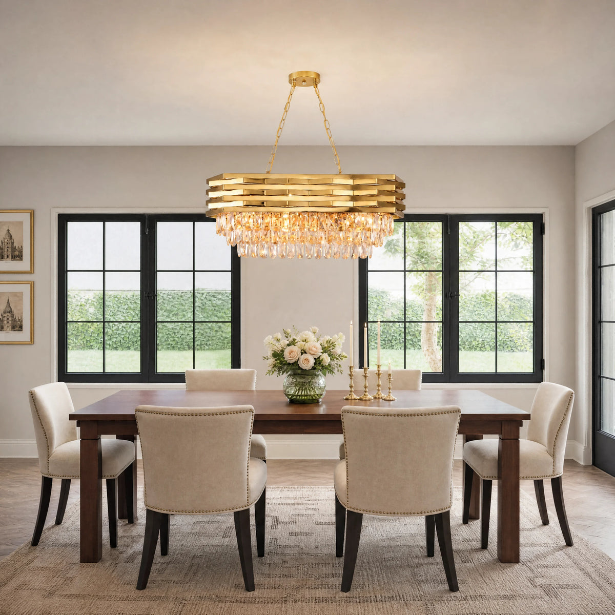Modern Gold Crystal Chandelier, Luxury Pendant Light with Adjustable Hanging Chain, Rectangular K9 Crystal 8‑Light E14 Base Ceiling Lamp for Kitchen Island Dining Room Living Room