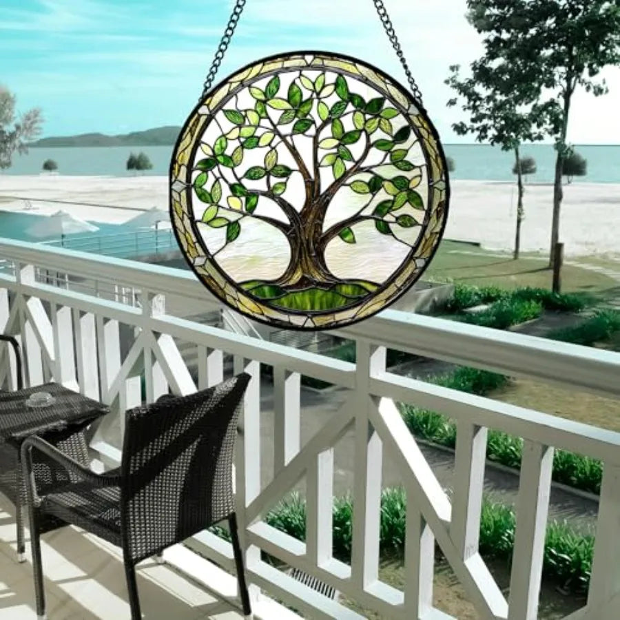 Stained Glass Window Hanging - Tree Trunk Leaves Sun Catcher for Door Garden Home Decor Plant Suncatcher Christmas Mother's Day