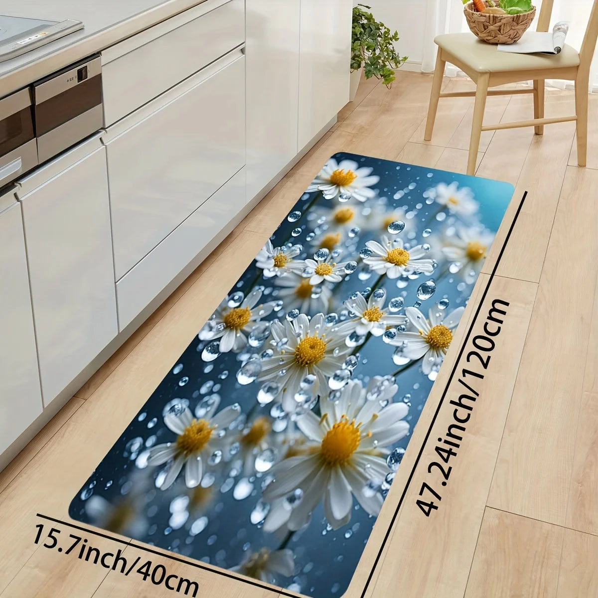 3D Daisy Flower Kitchen Runner Rug, Realistic White Chamomile with Water Droplets Non-Slip Absorbent Floor Mat for Entryway