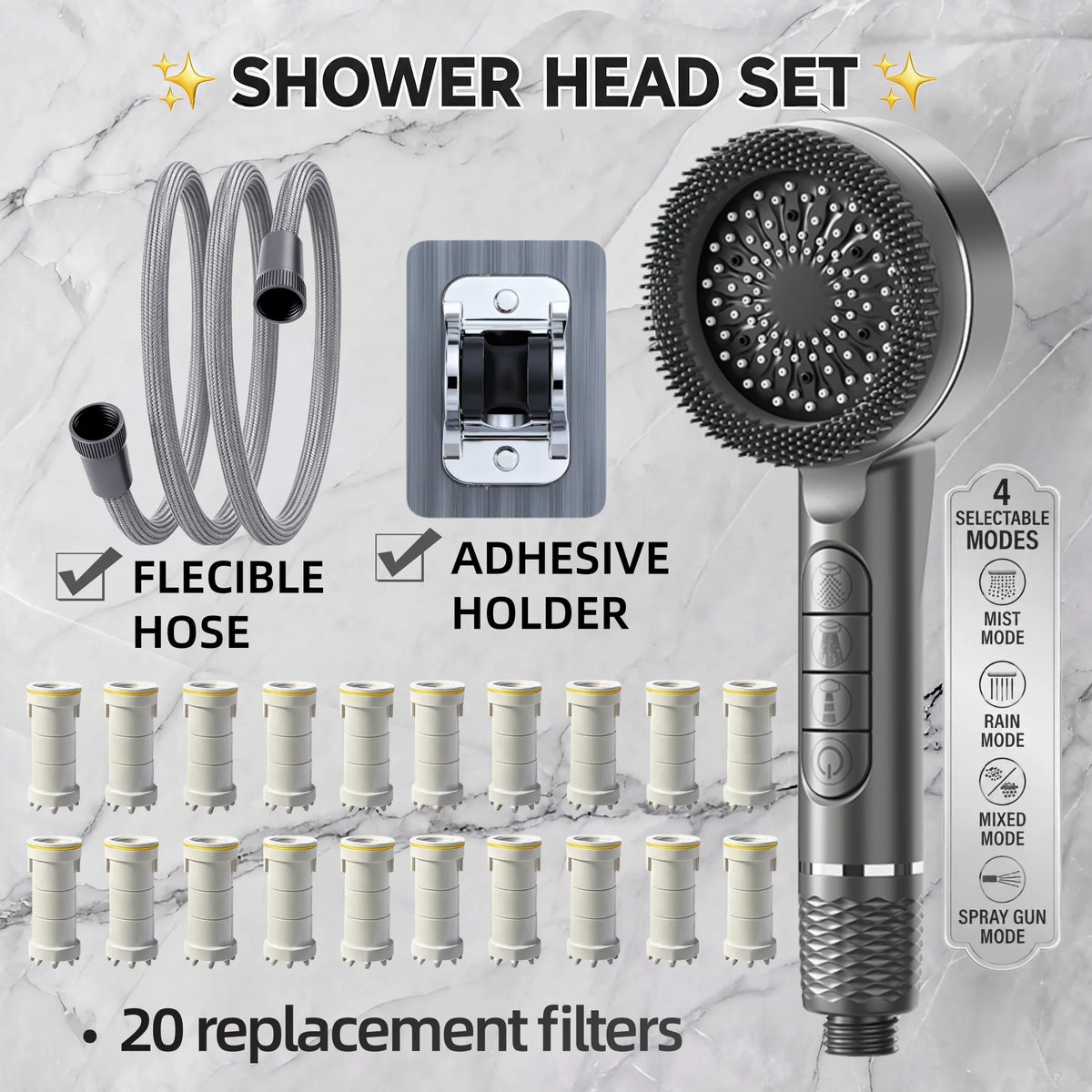 High Pressure Filter Shower Head 4 Spray Modes Massage Silicone Brush Water Stop Button Hose Wall Bracket 10/15/20 Filters