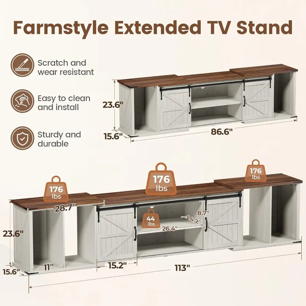 Extendable TV Stand, Entertainment Center for 85 95 105 Inch TV,with Large Capacity Storage and Sliding Doors,Farmhouse TV Stand