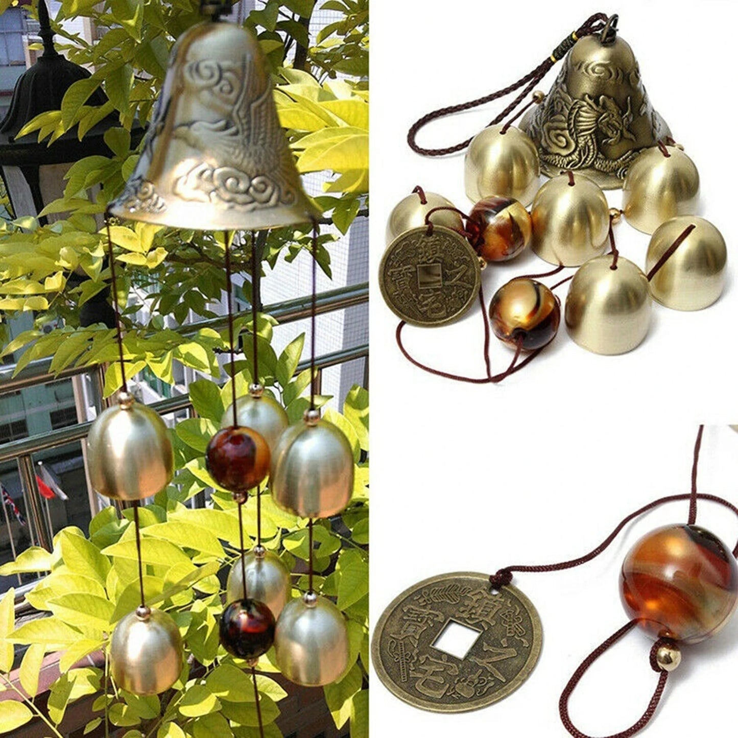 6 Copper Bells Wind Chimes - Outdoor Metal Hanging Ornament, Yard & Garden Decor