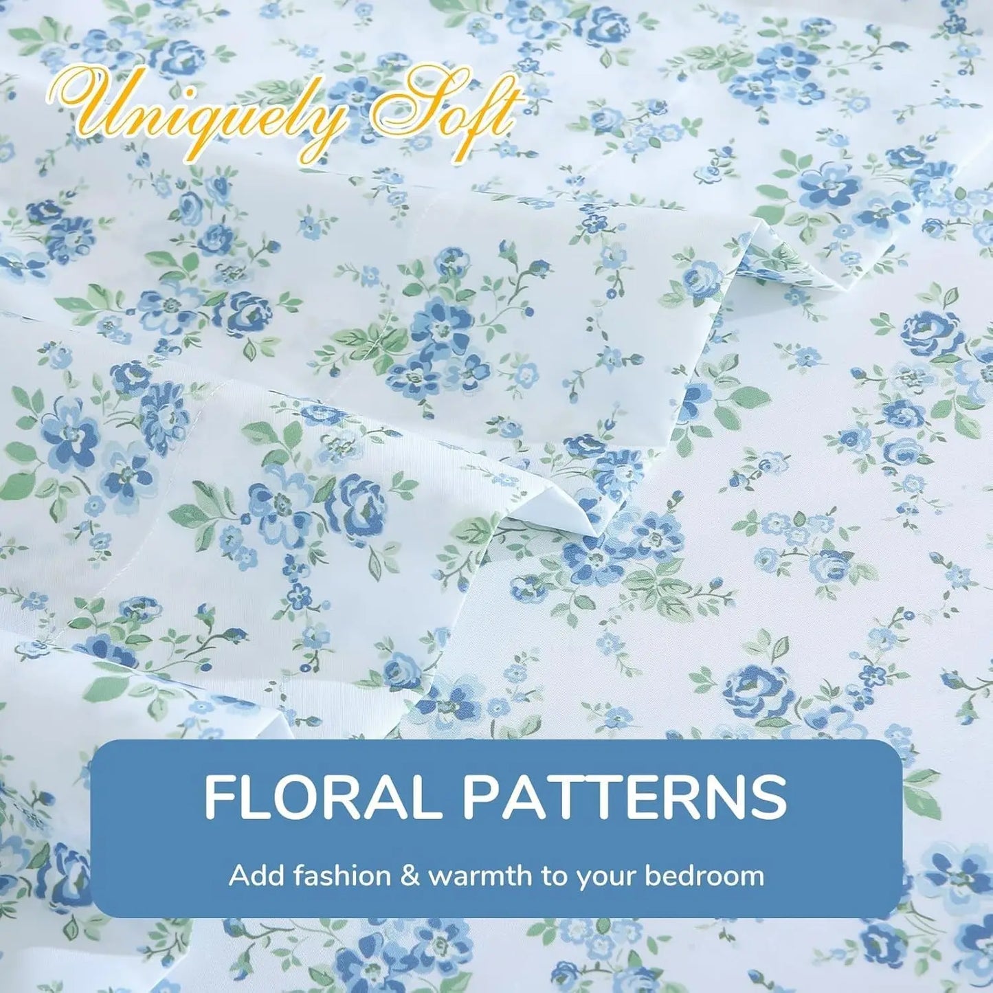 Queen Size 4-Piece Sheet Set, Soft Breathable Bedding with Deep Pocket Up to 16", Wrinkle-Free & Cooling - Blossoms Light Blue