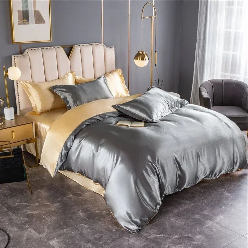 Mulberry 100% Silk Bedding Sets Skin Friendly Ice Silk Bed Sets Quilt Cover with Bed Sheet Pillowcase King Queen Full Twin Size