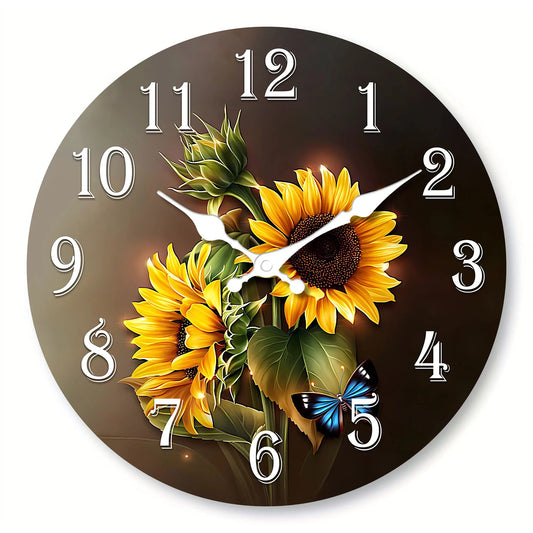 1pc wooden wall clock, beautiful sunflower and blue butterfly design wall clock, silent clock - suitable for living room bedroom