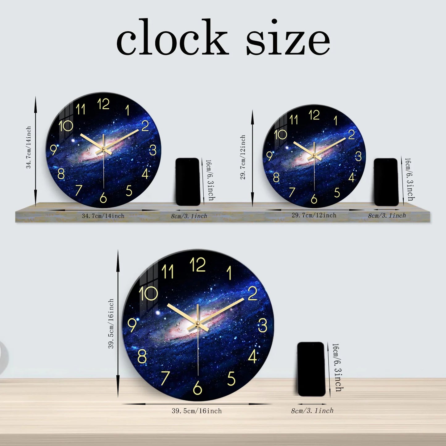 Creative Night Starry Sky Pattern Tempered Glass Wall Clock Living Room Bedroom Kitchen Home Decoration Wall Clock Silent Quartz Clock Holiday Gift 12 Inches 14 Inches 16inch (Without Battery)