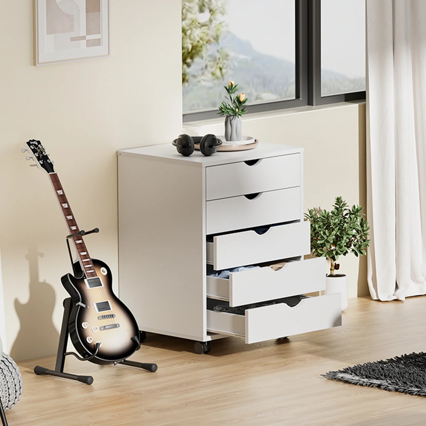 JHK Wood Cabinet For Living Room With 5 Drawers Waterproof Surface Storage Organizer Easy To Move Display Of Furniture