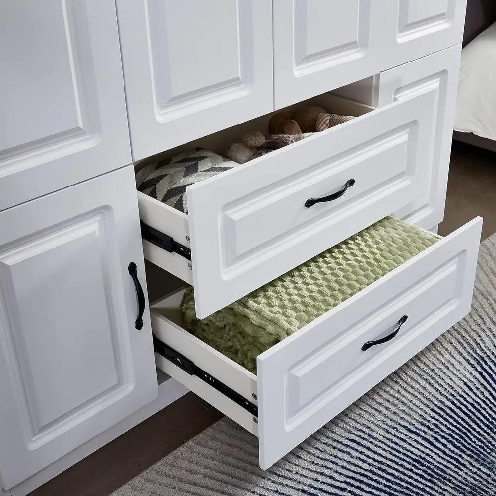Large White Wooden 4-Door Wardrobe with 2 Drawers, Hanging Rails, and Shelves for Bedroom Storage