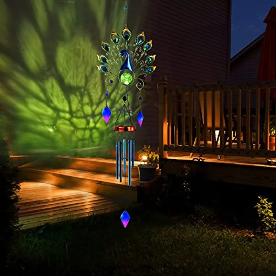 Solar Wind Chimes Outdoor Gifts for Mom Large Metal Peacock Wind Chimes Light with Crackle Glass Ball, Waterproof