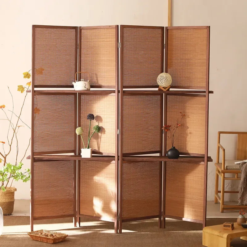 Shelvable Bamboo Wood Folding Screen Partition Solid Wood Mobile Room Divider for Living Room Hotel Office Simple Modern