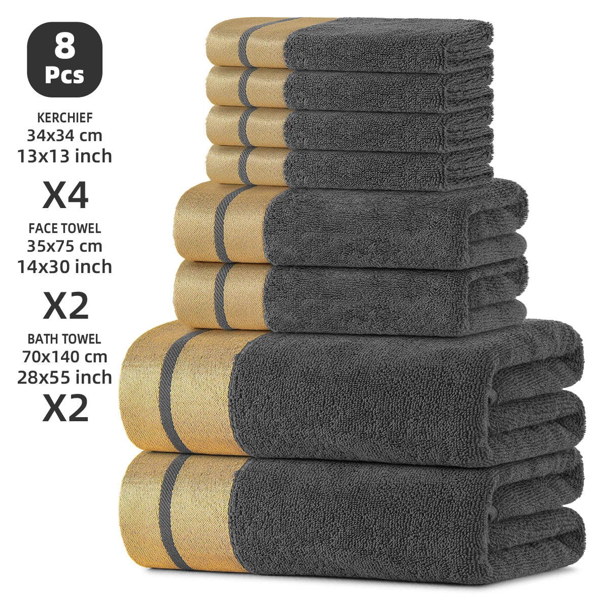 8-Piece Luxury Pure Cotton Bath Towel Set, 2 Bath Towels + 2 Face Towels + 4 Washcloths, Soft and Comfortable, Highly Absorbent, 100% Cotton Towels, Bathroom Decoration Accessories, Everyday Use Towels