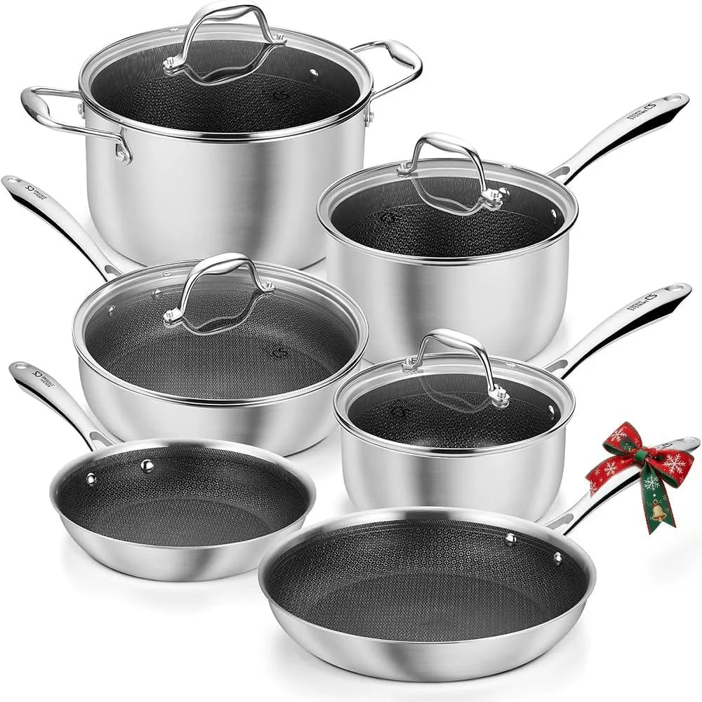 US Shipping Triply Stainless Steel Cookware Set 10 Piece Nonstick Hybrid Pots and Pans Set with Honeycomb Interior 18/10