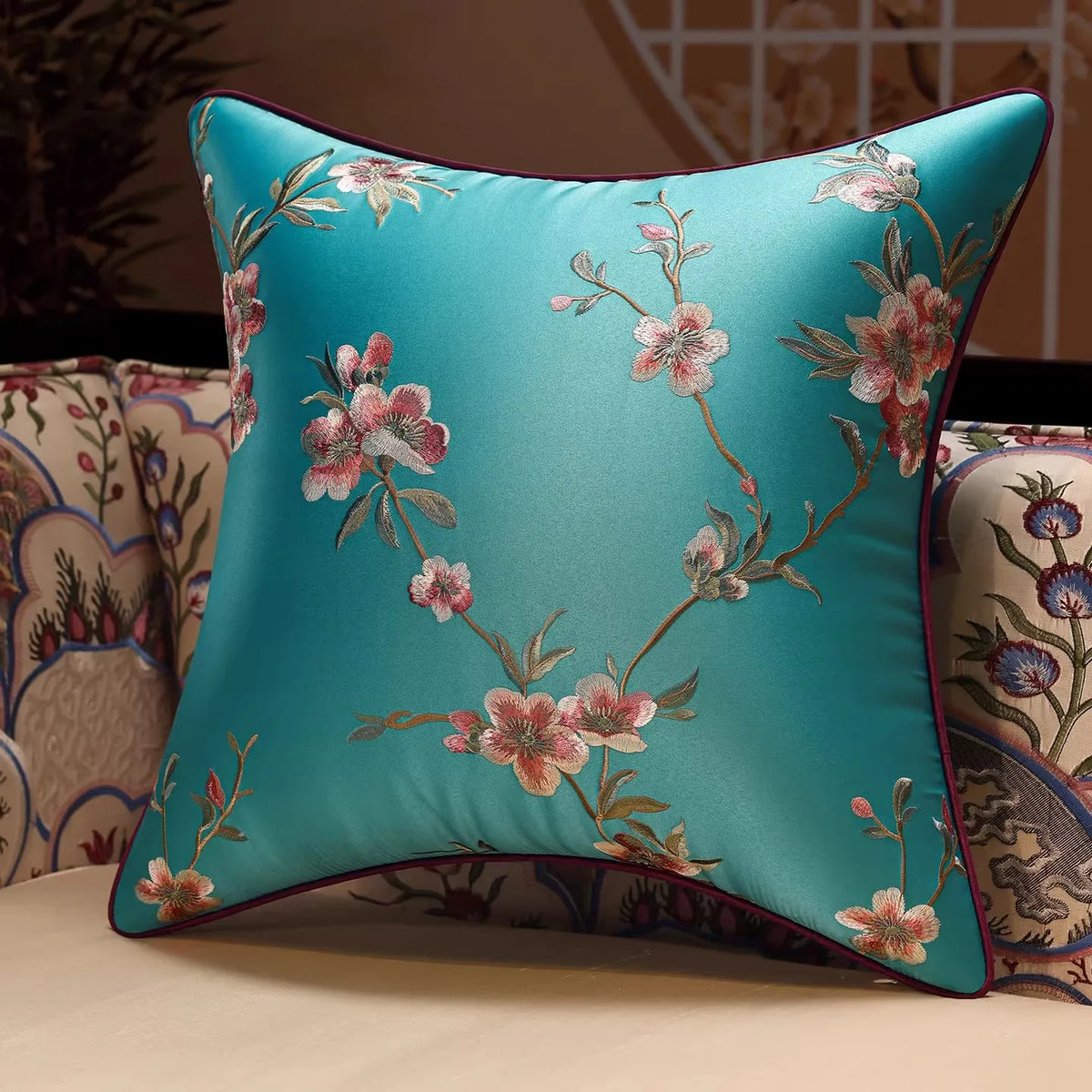 New Chinese Style Embroidered Bird Cushion Cover Living Room Sofa Waist Pillow Luxurious Classical Bed Head Silk Pillowcase