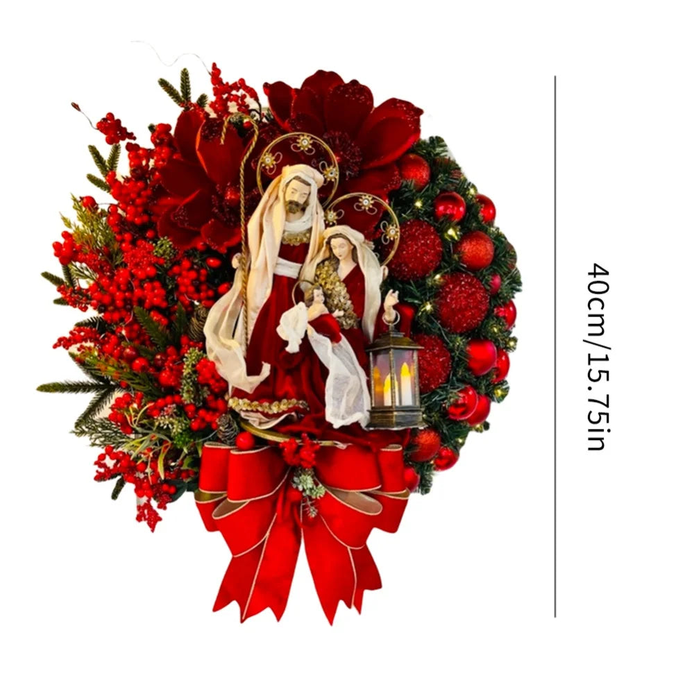 Hot sale Red Christmas Wreath Jesus Sacred Wreath Home Door Hanging Artificial Garland Christmas Home Decoration Party Supplies