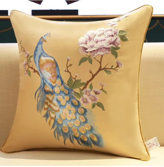 New Chinese Style Embroidered Bird Cushion Cover Living Room Sofa Waist Pillow Luxurious Classical Bed Head Silk Pillowcase