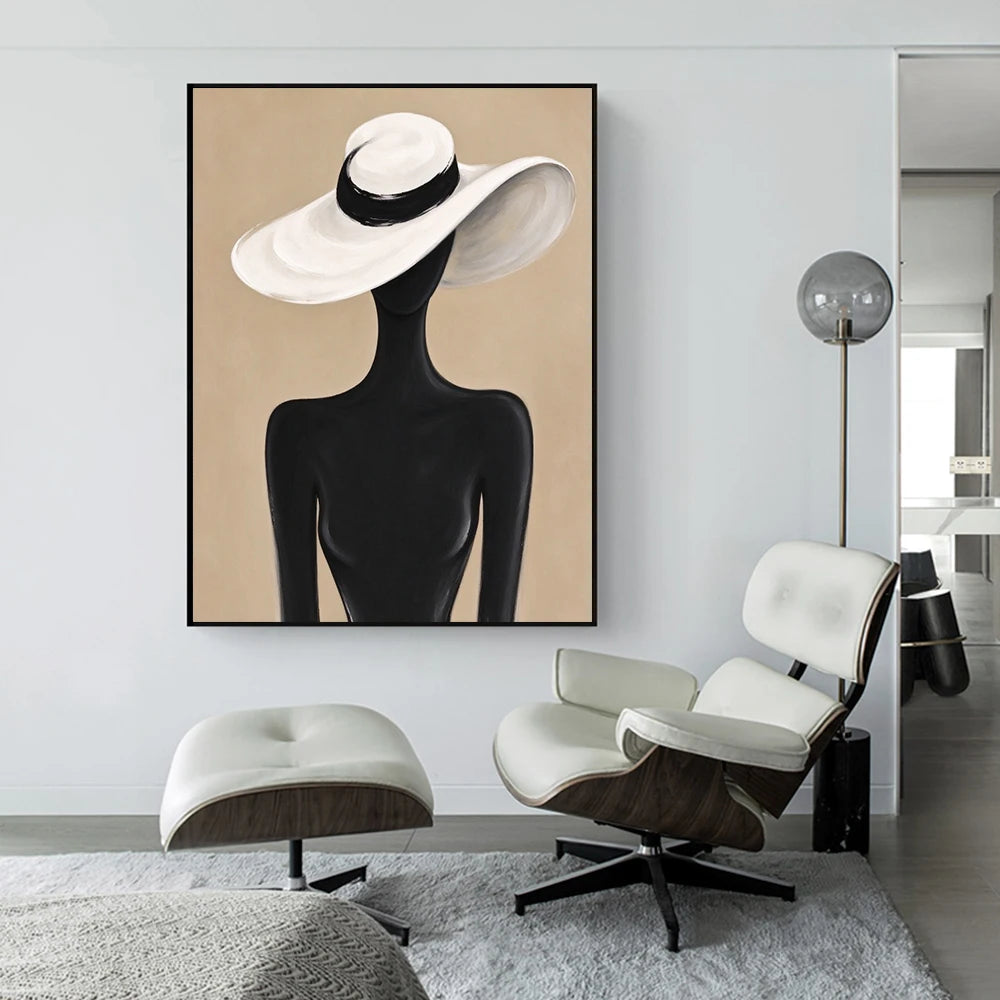 Minimalist Black Silhouette Woman With White Wide Brim Hat Canvas Wall Art Neutral Beige Boho Abstract Female Portrait Print