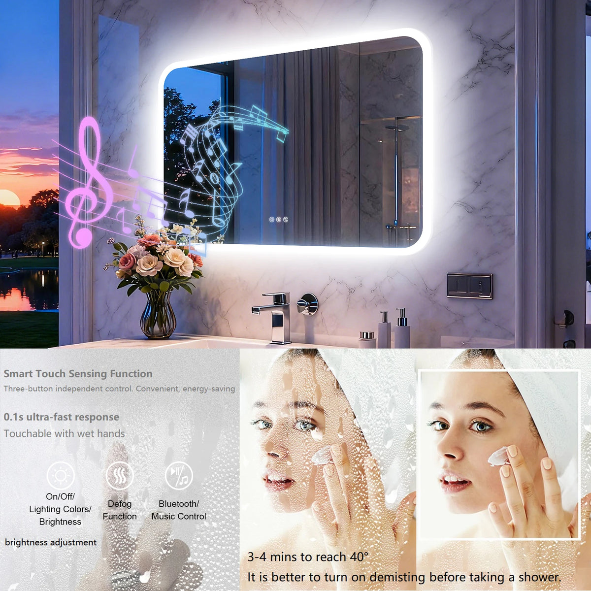 Smart LED Bathroom Mirror with Bluetooth Speakers Rectangle Illuminated Vanity Mirror Dimmable 3 Colors Anti Fog Touch Control Wall Mount
