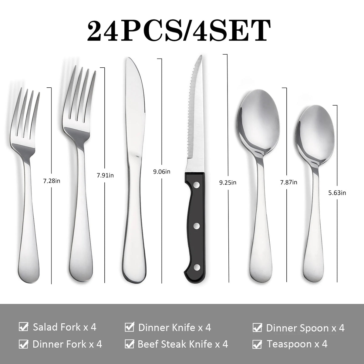 KOOMADE 24Pcs Stainless Steel Flatware Set Service for 4 Mirror Polished Cutlery With Steak Knives Forks Spoons Dishwasher Safe for Home Wedding Holiday Gift