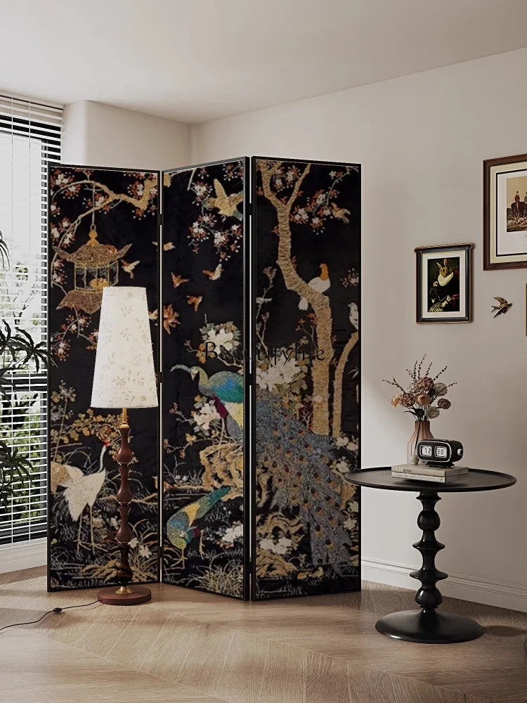 56French retro screen partition living room entry background mobile folding entrance flowers and birds
