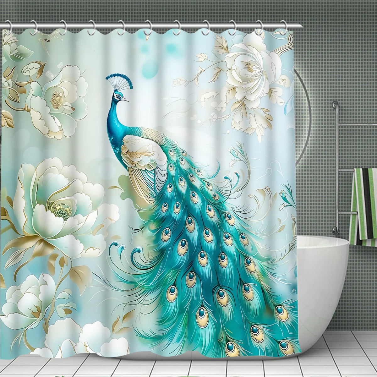 4Pcs Elegant Peony Peacock Shower Curtain Set with Hooks, Teal Floral Print Waterproof Mildew Resistant Fabric Bath Mat for Family Bathroom Home Decor