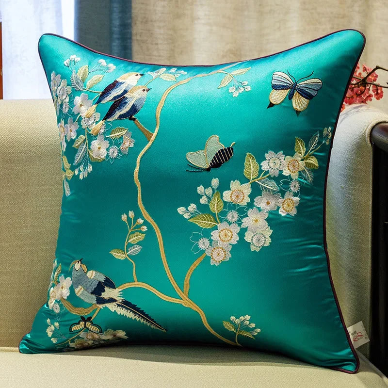 New Chinese Style Embroidered Bird Cushion Cover Living Room Sofa Waist Pillow Luxurious Classical Bed Head Silk Pillowcase