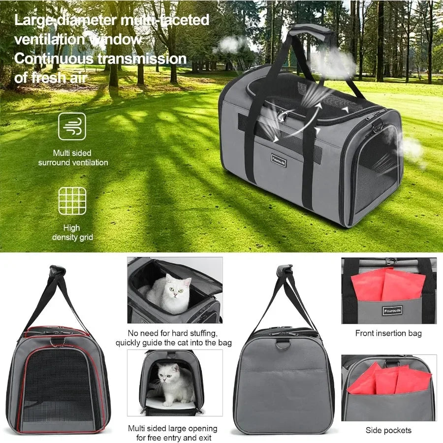 Foldable SoftSided Pet Carrier for Cats and Small Dogs Up to 20 Lbs with 4 Ventilated Windows EscapeProof Design Airline Approv